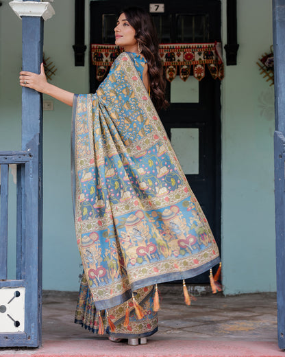 Multi Color Kalamkari Digital Printed Linen Cotton Saree | Summer Casual & Ethnic Wear – JaipurSaaj