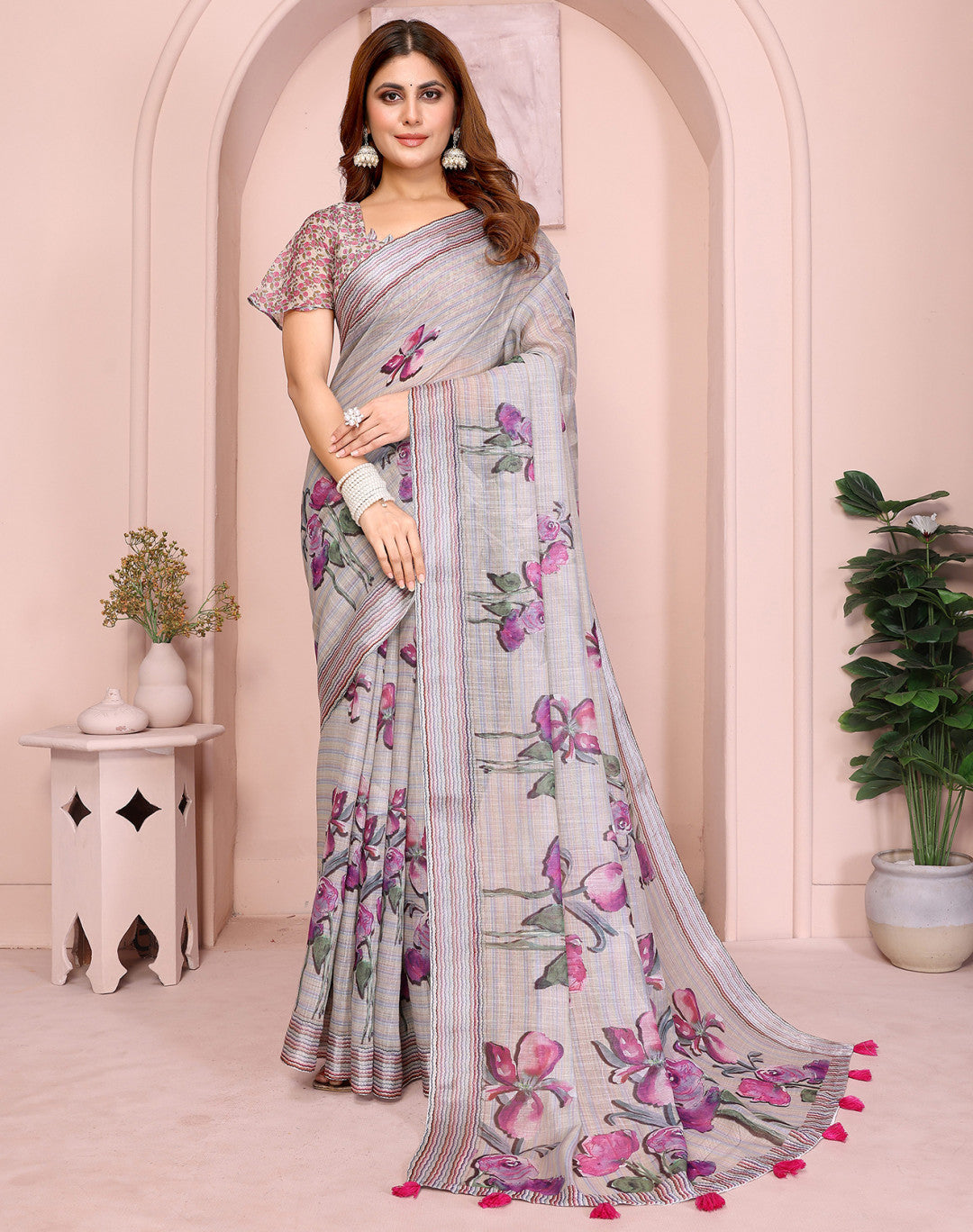 Multi Linen Cotton Saree With Digital Printed Work And Silver Zari Border