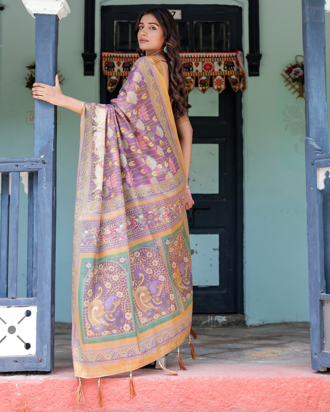 Multi Color Kalamkari Digital Printed Linen Cotton Saree | Summer Casual & Ethnic Wear – JaipurSaaj