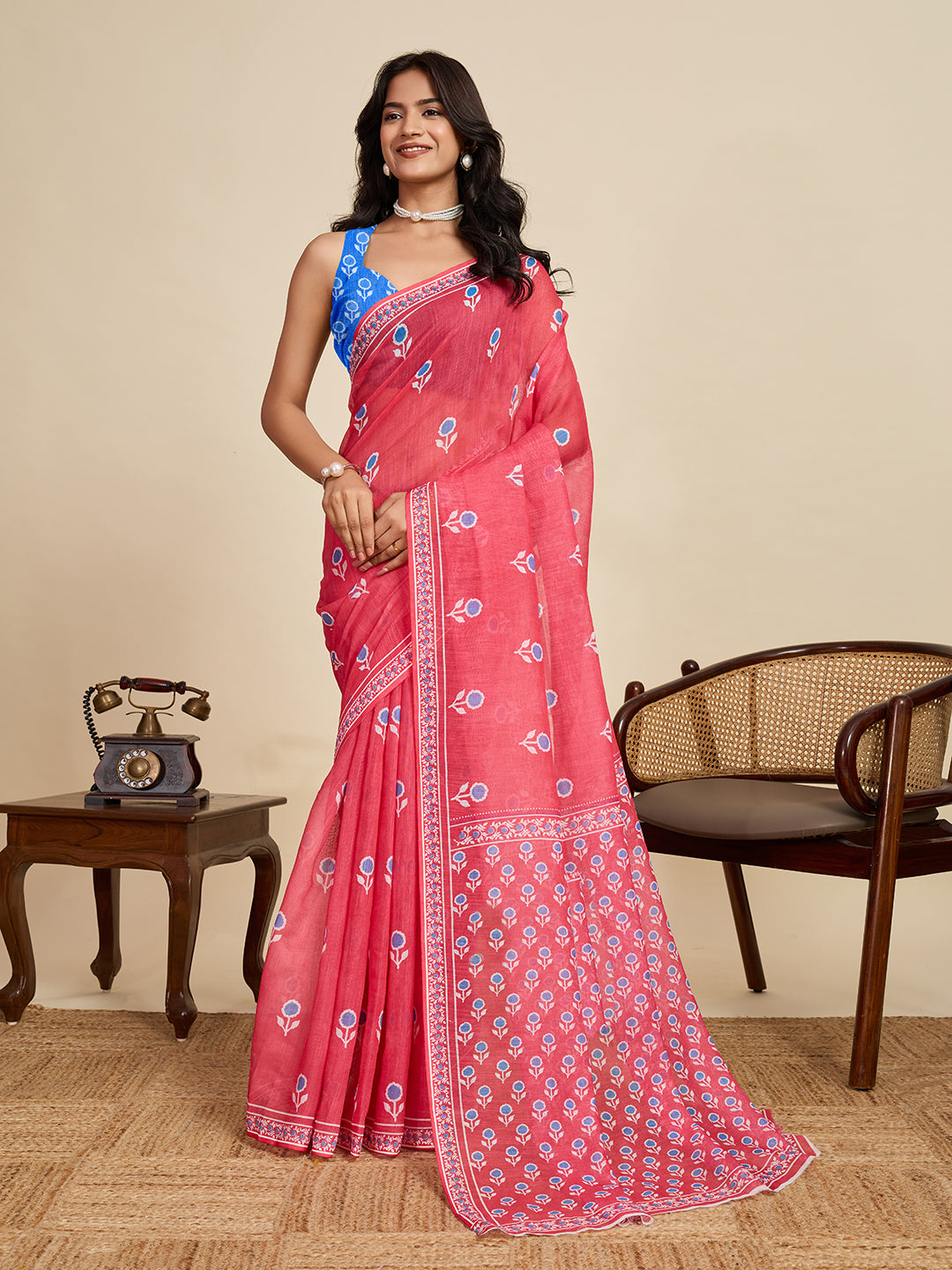 Gajari Linen Cotton Saree With Digital Printed Work And Silver Zari Border