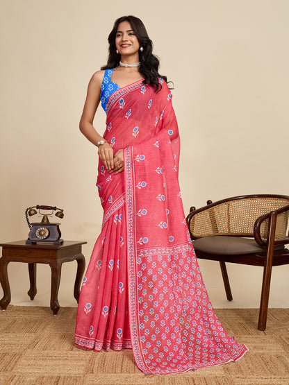 Gajari Linen Cotton Saree With Digital Printed Work And Silver Zari Border