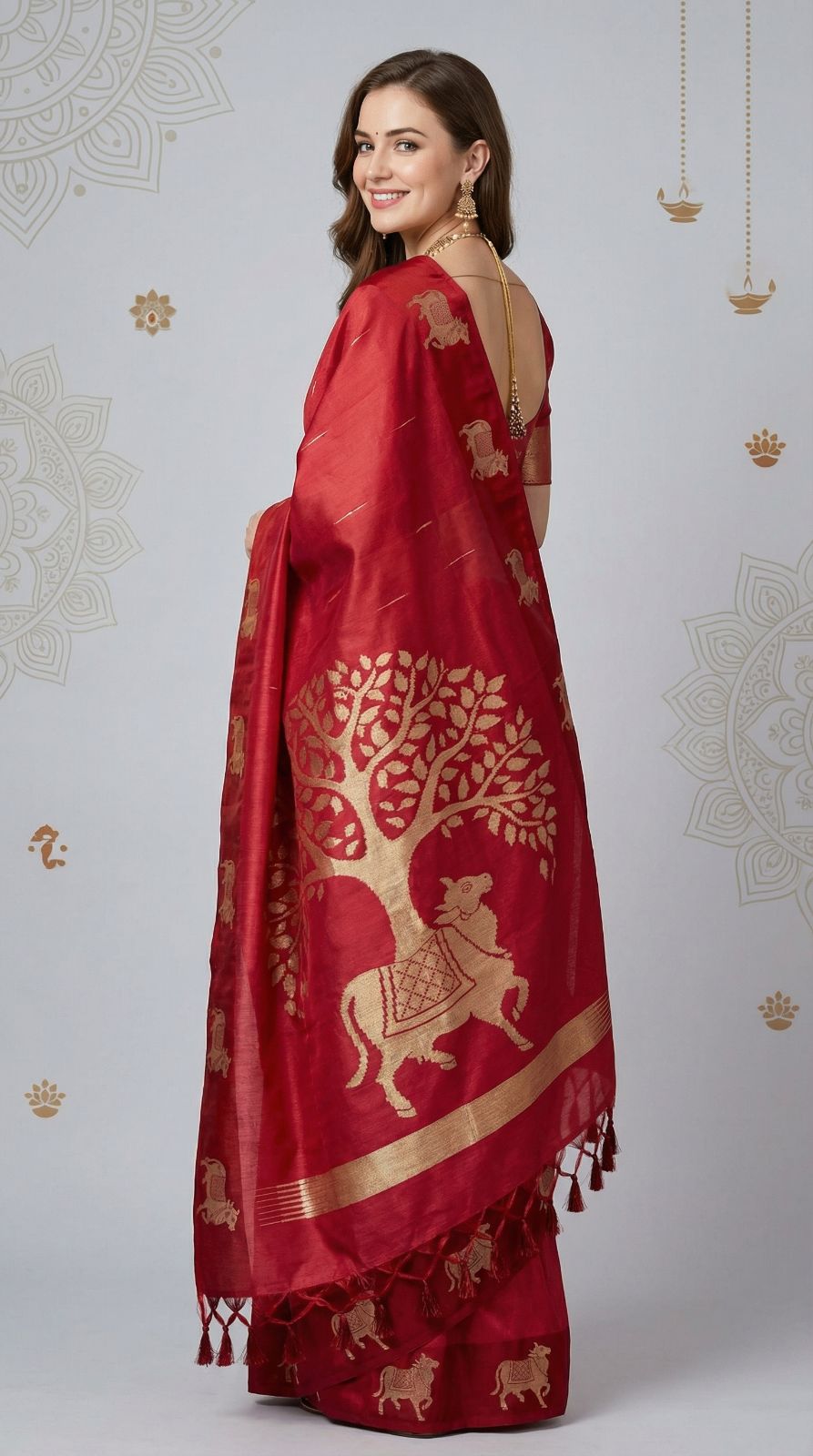 Red Khadi Raw Silk Saree With Zari Weaving Cow Pallu & Border | Traditional Festive Wear – JaipurSaaj
