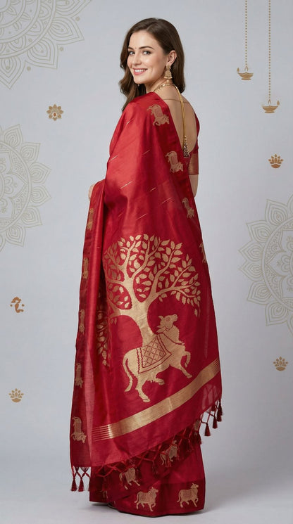 Red Khadi Raw Silk Saree With Zari Weaving Cow Pallu & Border | Traditional Festive Wear – JaipurSaaj