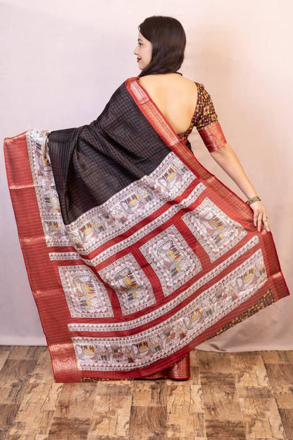 Black Dola Silk Saree With Beautiful Madhubani Printed Pallu Work