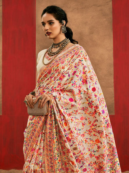 White Pashmina Silk Saree With Traditional Woven Design | Festive & Wedding Wear – JaipurSaaj