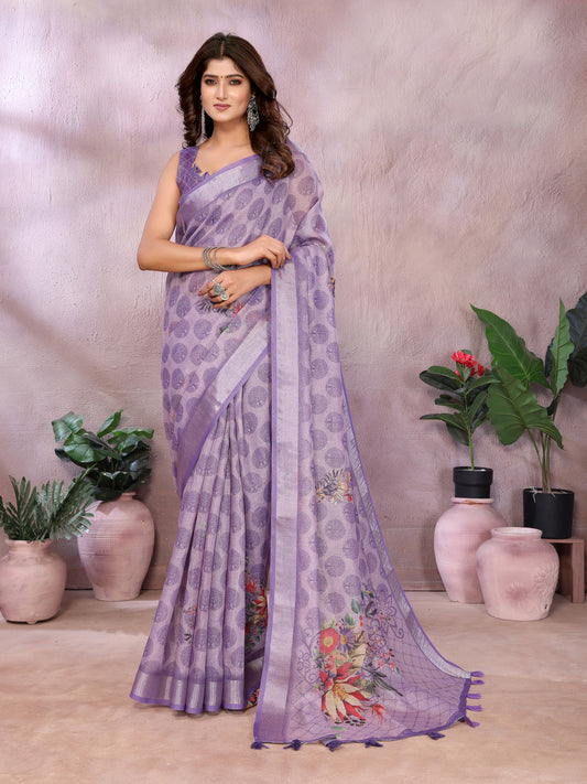Lavender Linen Cotton Saree With Digital Printed Work And Silver Zari Border