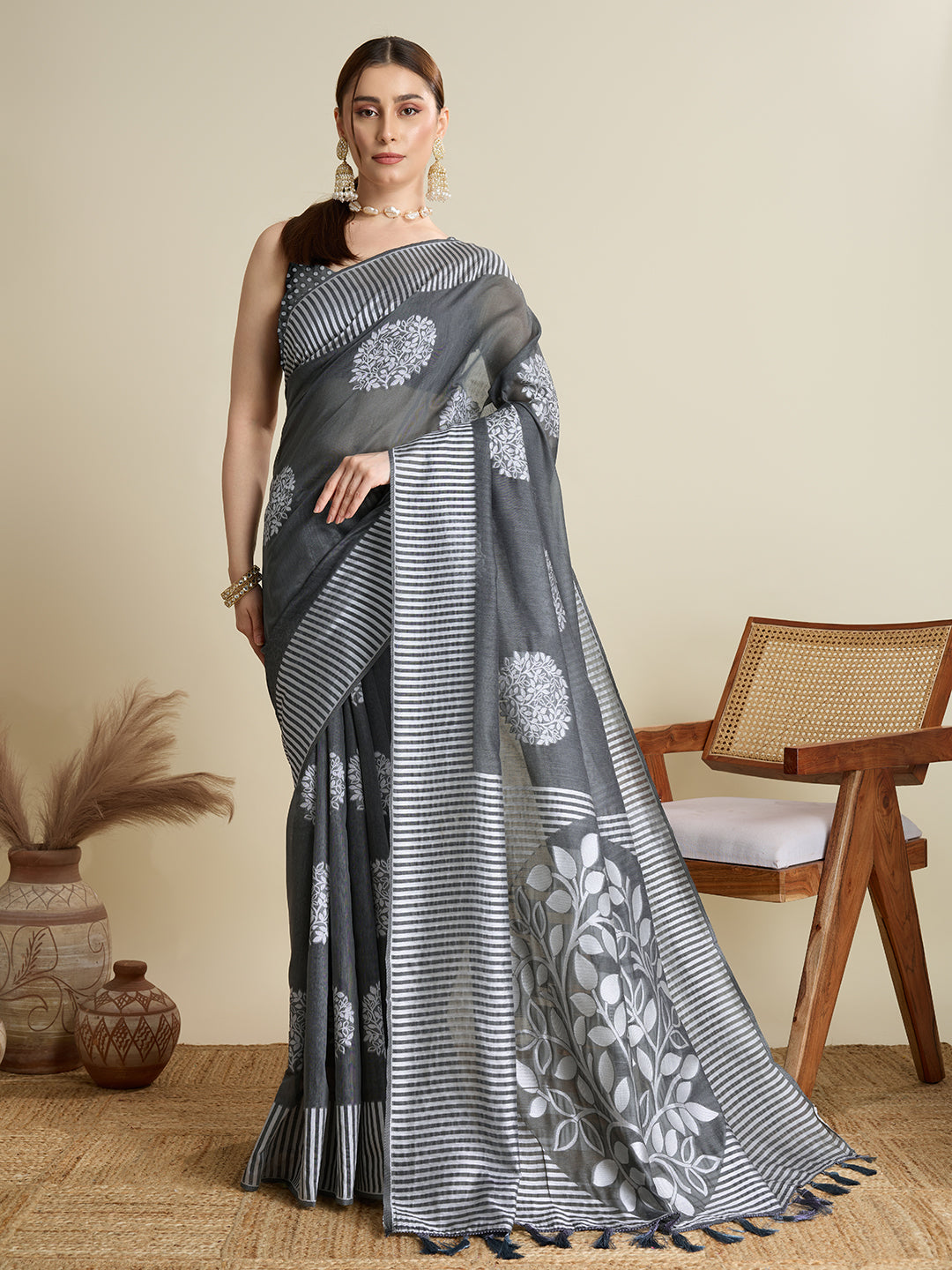 Gray Color Soft Silk Saree With Weaving Work Lining Border