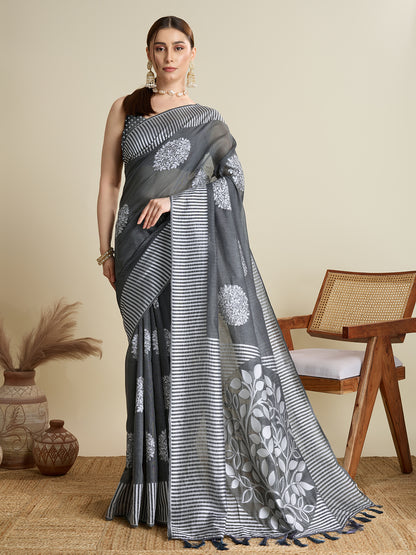 Gray Color Soft Silk Saree With Weaving Work Lining Border