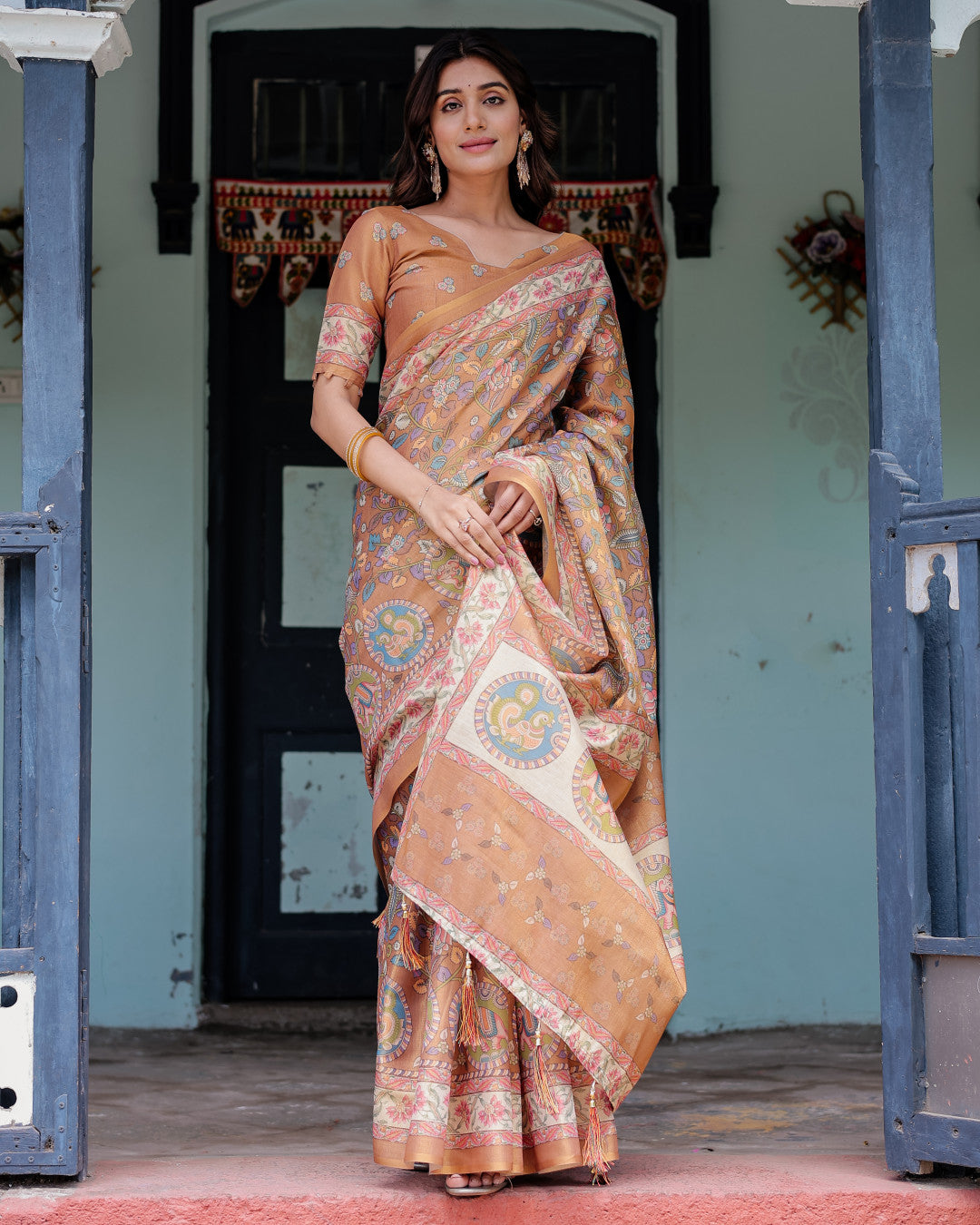 Multi Color Kalamkari Digital Printed Linen Cotton Saree | Summer Casual & Ethnic Wear – JaipurSaaj