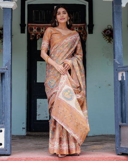 Multi Color Kalamkari Digital Printed Linen Cotton Saree | Summer Casual & Ethnic Wear – JaipurSaaj