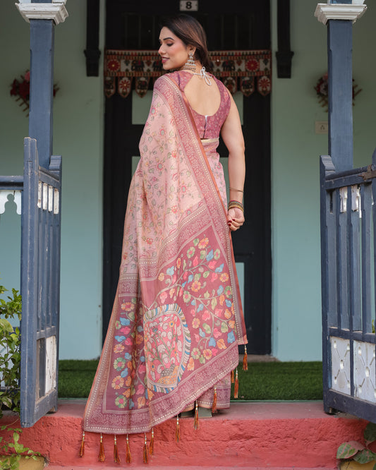 Baby Pink Soft Linen Cotton Saree With Kalamkari Printed Work
