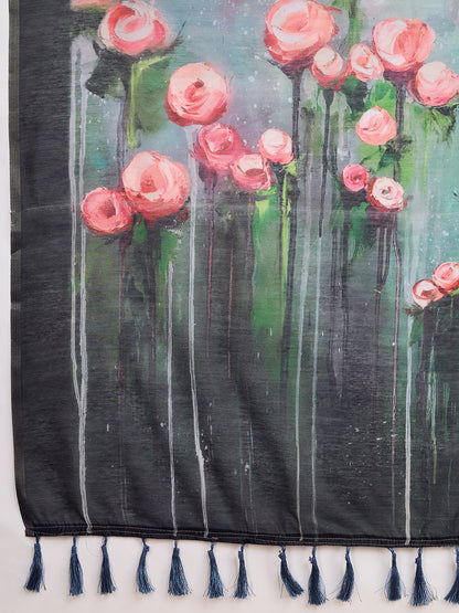 Gray Soft Linen Cotton Saree With Floral Printed Work | Lightweight Traditional Ethnic Wear – JaipurSaaj