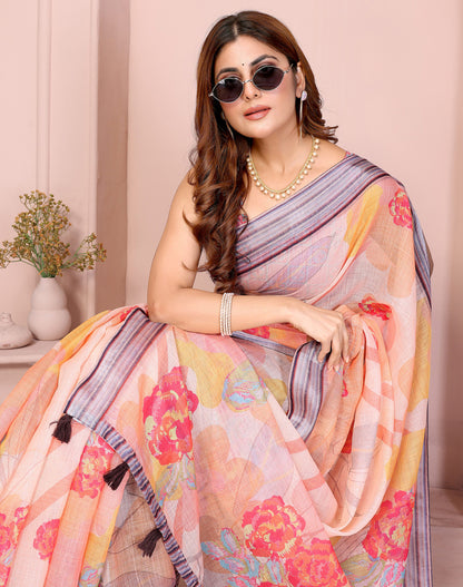 Multi Linen Cotton Saree With Digital Printed Work And Silver Zari Border