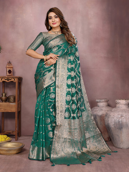 Rama Green Organza Silk Banarasi Saree With Zari Weaving Work | Bridal Wedding & Festive Wear – JaipurSaaj