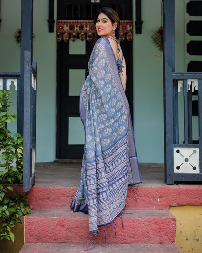 Light Blue Summer Special Digital Printed Linen Cotton Saree