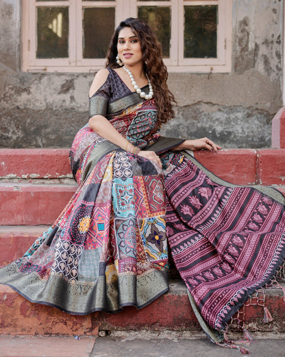 Multi Color Tussar Silk Saree With Digital Kalamkari Print & Zari Motif Border | Casual & Festive Wear – JaipurSaaj