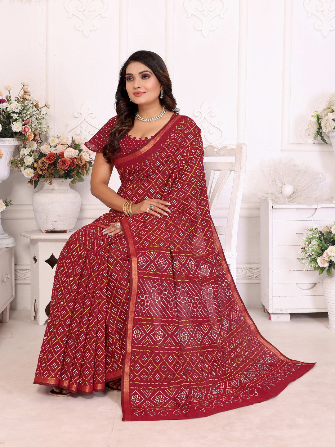 Red Bandhej Printed Soft Cotton Saree With Zari Border | Traditional Festive Ethnic Wear – JaipurSaaj