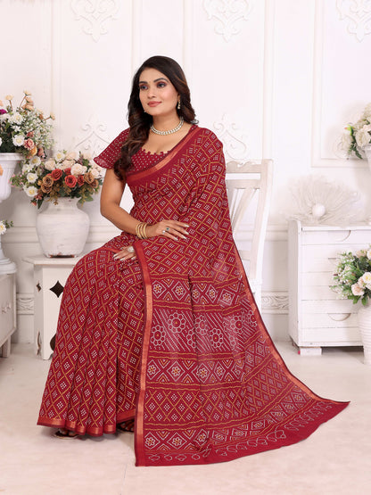 Red Bandhej Printed Soft Cotton Saree With Zari Border | Traditional Festive Ethnic Wear – JaipurSaaj