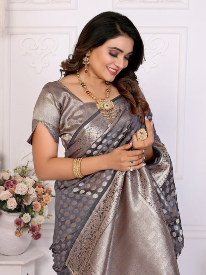 Gray Organza Silk Banarasi Saree With Zari Weaving Work | Bridal Wedding & Festive Wear – JaipurSaaj