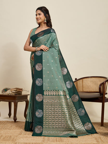 Pista Green Soft Silk Saree With Silver Banarasi Zari Weaving Work | Festive Wear – JaipurSaaj