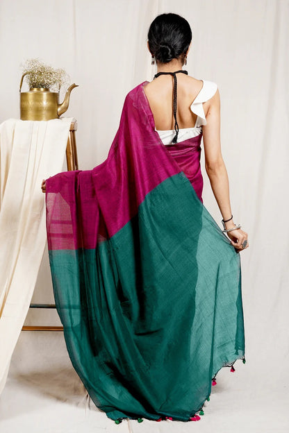 Magenta Color Plain Khadi Cotton Saree With Fancy Tassel Work