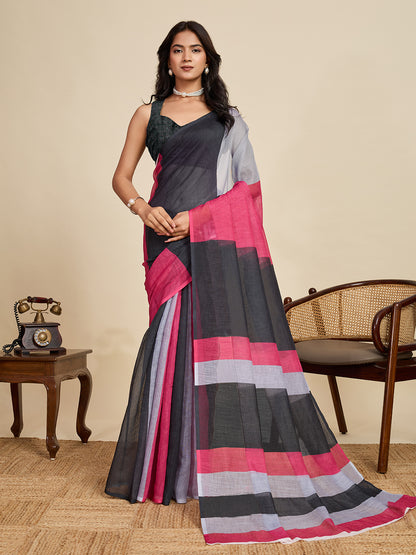 Multi Linen Cotton Saree With Digital Printed Work And Silver Zari Border