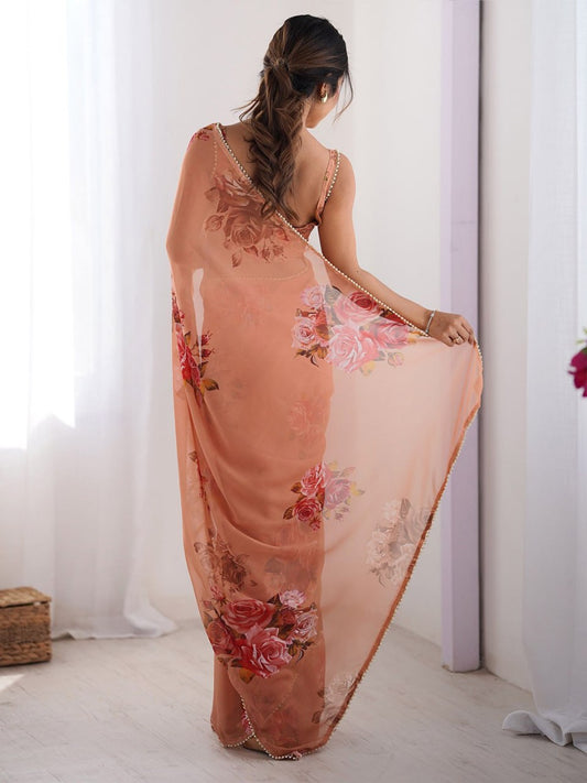 Peach Georgette Saree With Printed Work And Moti Border