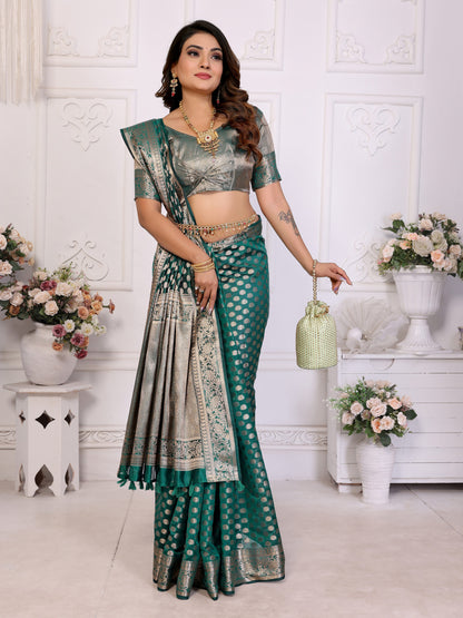 Rama Green Organza Silk Banarasi Saree With Zari Weaving Work | Bridal Wedding & Festive Wear – JaipurSaaj
