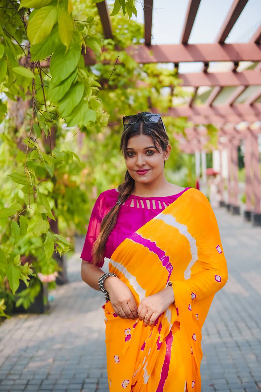 Yellow Soft Chinon Silk Saree With Shibori Printed Work | Casual & Festive Wear – JaipurSaaj