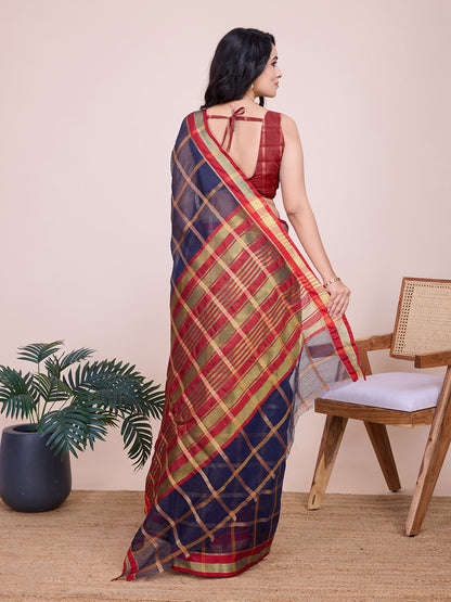 Navy Blue Kota Doriya Saree With Zari Weaving Work