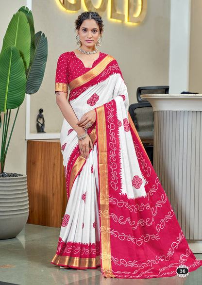 Pink Mulmul Cotton Saree With Bandhani Block Print & Zari Border | Ethnic Festive Wear – JaipurSaaj