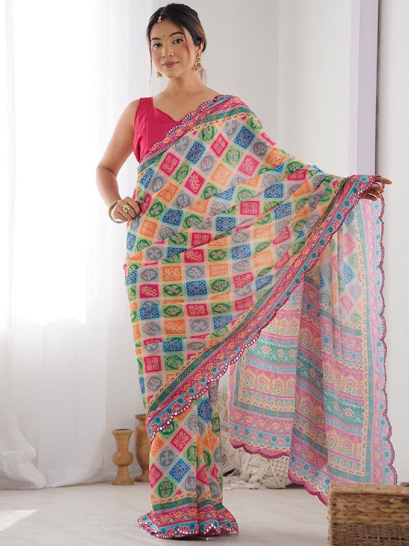 Multi Georgette Saree With Printed And Mirror Work With Arco Border