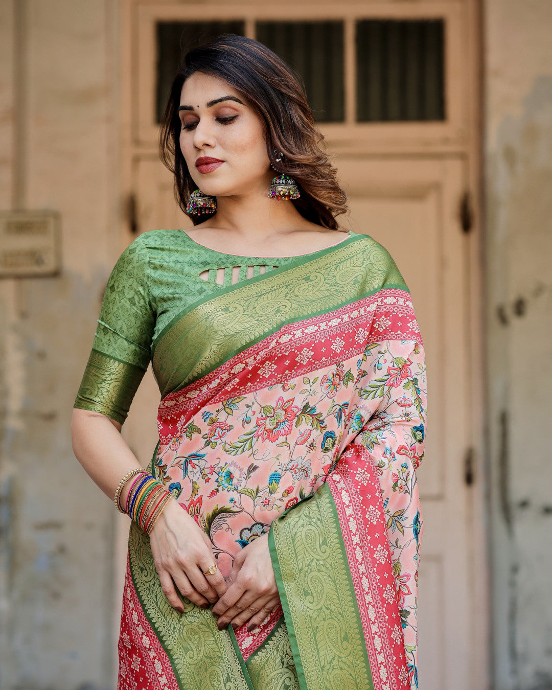 Blush Pink Digital Printed Tussar Silk Saree With Zari Motif Border | Designer Festive Ethnic Wear – JaipurSaaj