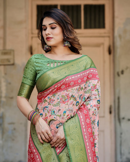 Blush Pink Digital Printed Tussar Silk Saree With Zari Motif Border | Designer Festive Ethnic Wear – JaipurSaaj