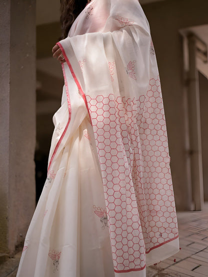 White Linen Cotton Saree With Digital Printed Work And Silver Zari Border