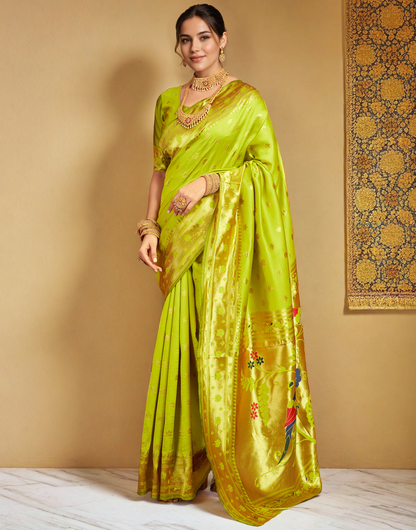 Traditional Parrot Green Paithani Silk Saree With Zari Weaving Work