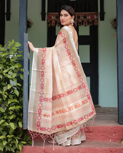 Beige Soft Linen Cotton Saree With Digital Printed Work