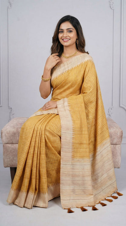 Yellow Tussar Silk Saree With Checks Weaving Work | Office & Festive Wear – JaipurSaaj