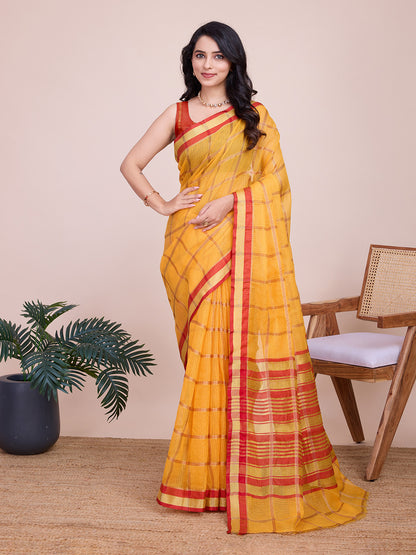 Yellow Kota Doriya Saree With Zari Weaving Work