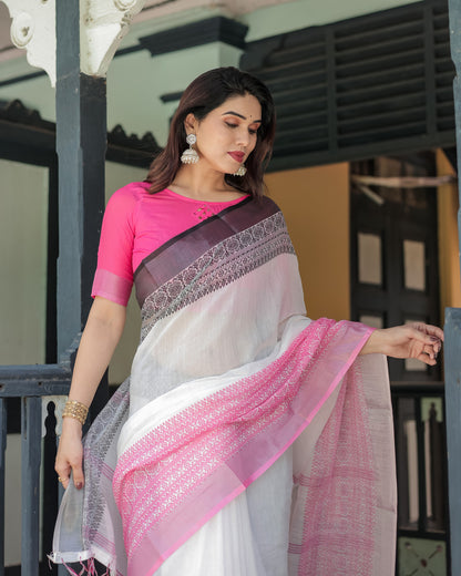 White And Pink Soft Linen Cotton Saree With Digital Printed Work