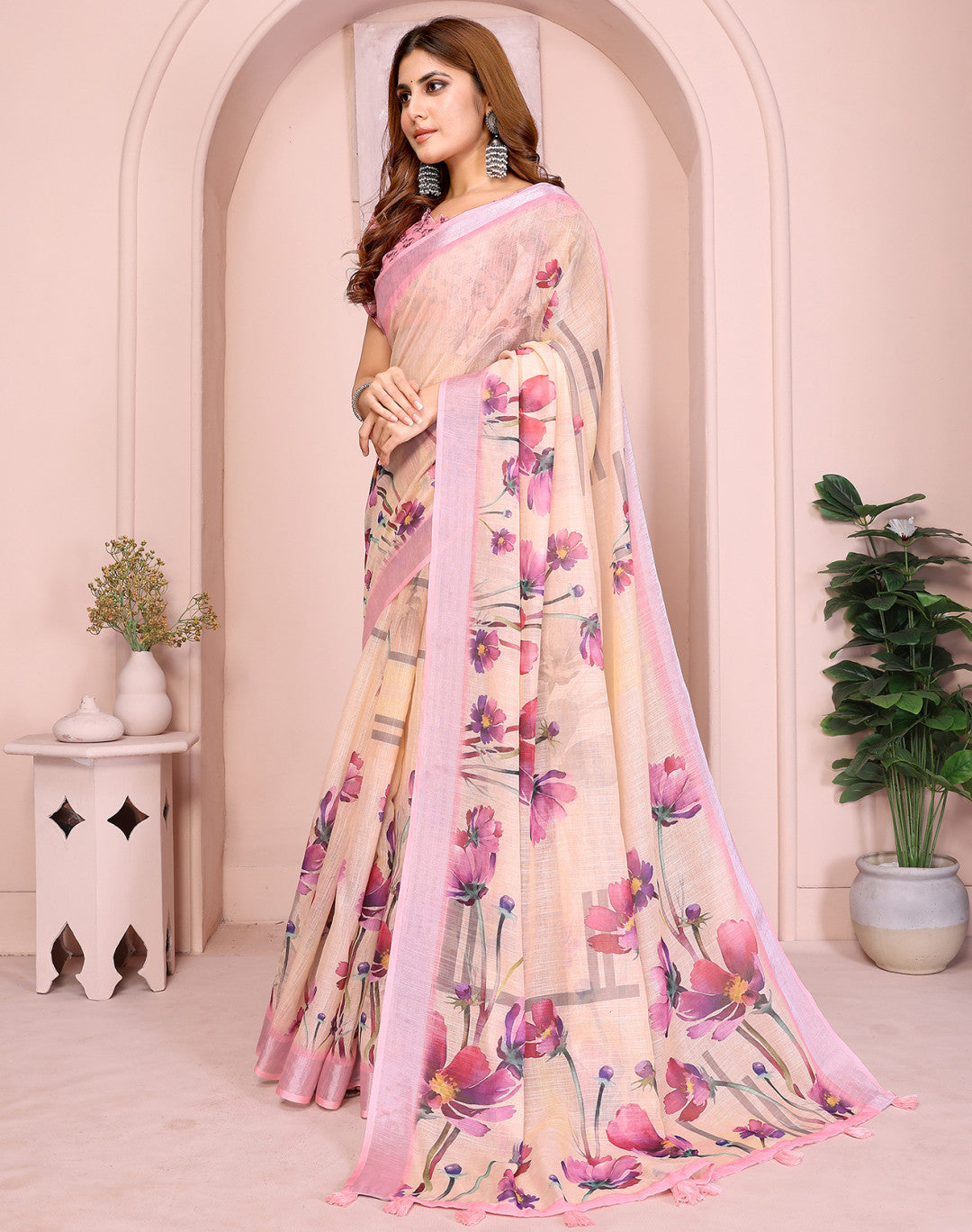 Light Yellow Linen Cotton Saree With Digital Printed Work And Silver Zari Border