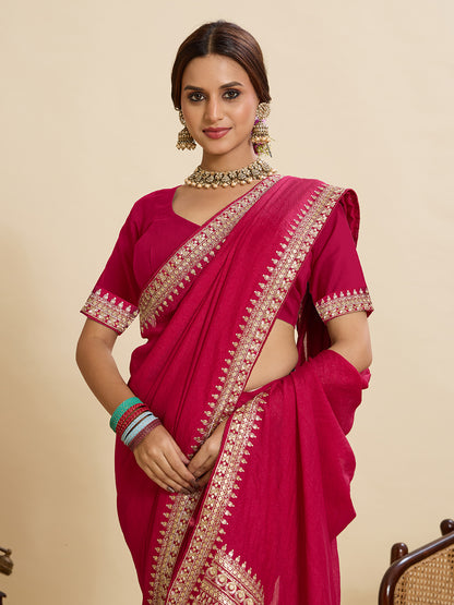 Rani Pink Soft Vichitra Silk Saree With Embroidery Work | Bridal Wedding & Festive Wear – JaipurSaaj
