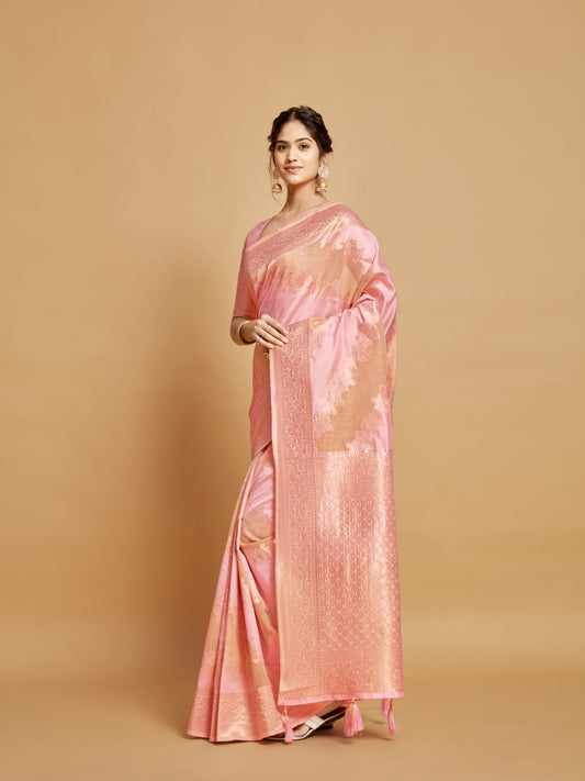 Light Baby Pink Color Soft Linen Silk Saree With Zari Weaving Work