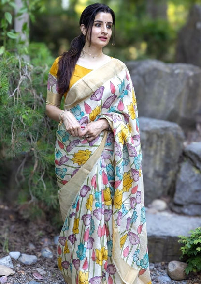 Multi Color Plain Mix Linen Cotton Saree With Digital Printed Work