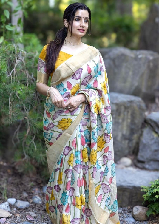 Multi Color Plain Mix Linen Cotton Saree With Digital Printed Work