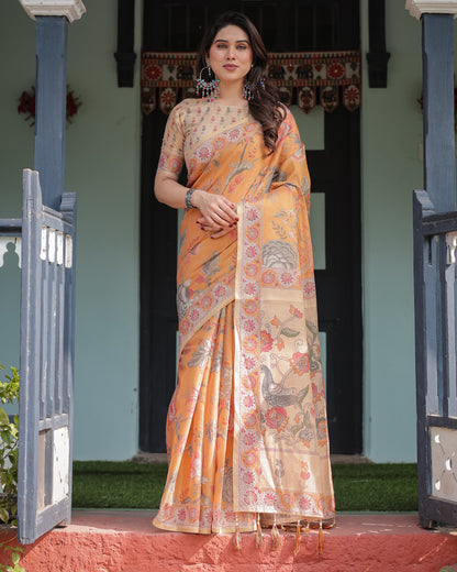 Orange Soft Linen Cotton Saree with Kalamkari Printed Work | Summer Casual & Ethnic Wear – JaipurSaaj