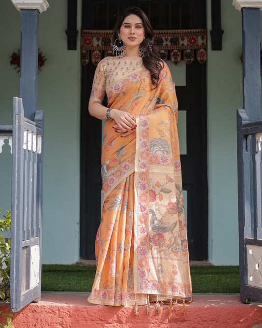 Orange Soft Linen Cotton Saree With Kalamkari Printed Work