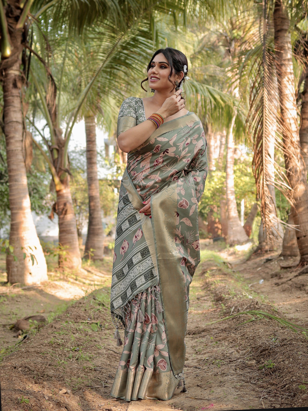 Olive Green Tussar Silk Saree with Floral Woven Motifs & Zari Border | Traditional Festive Wear – JaipurSaaj