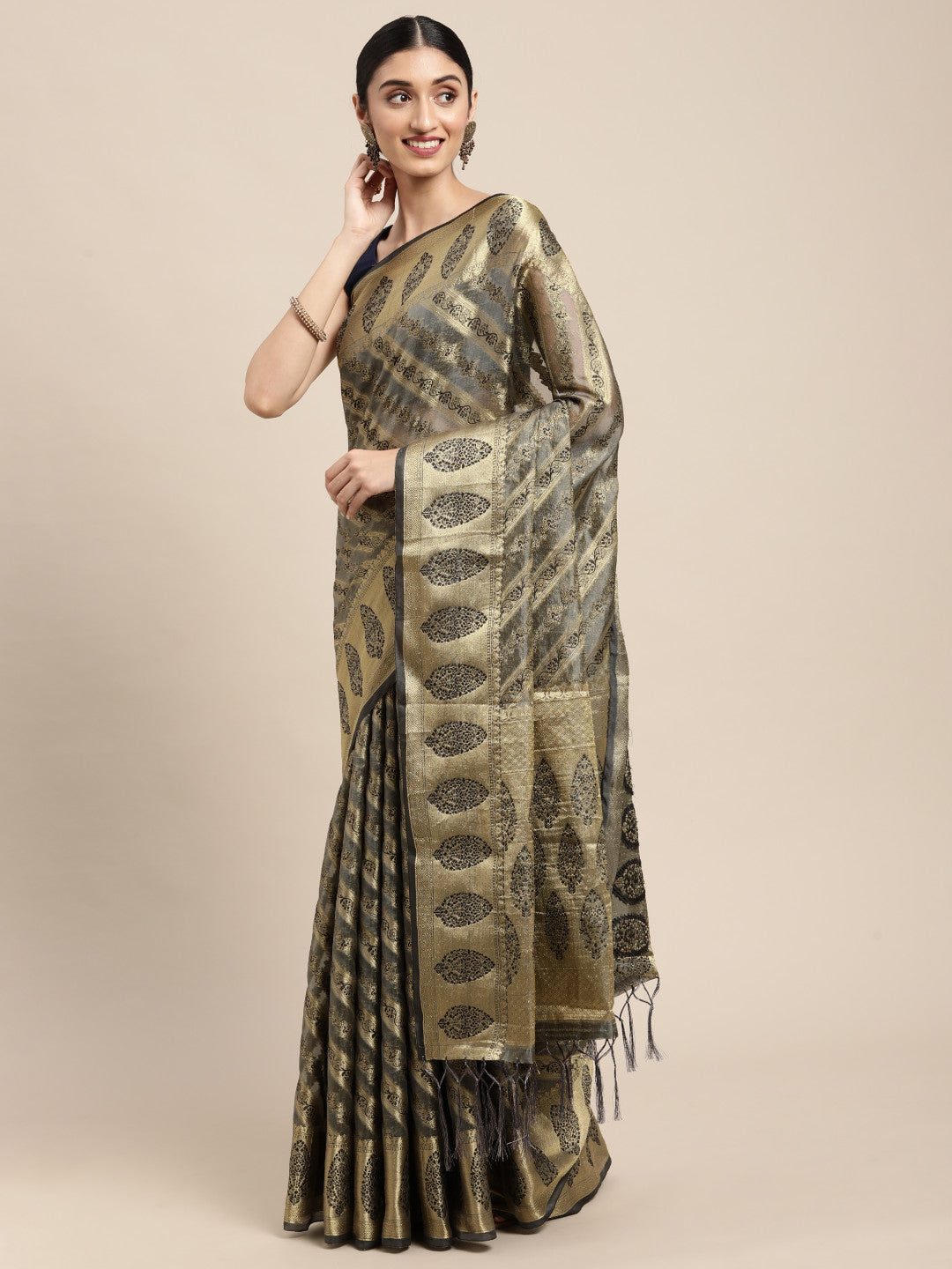 Gray Organza Silk Saree With Zari Weaving Work