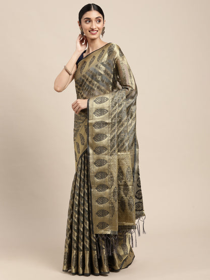 Gray Organza Silk Saree With Zari Weaving Work